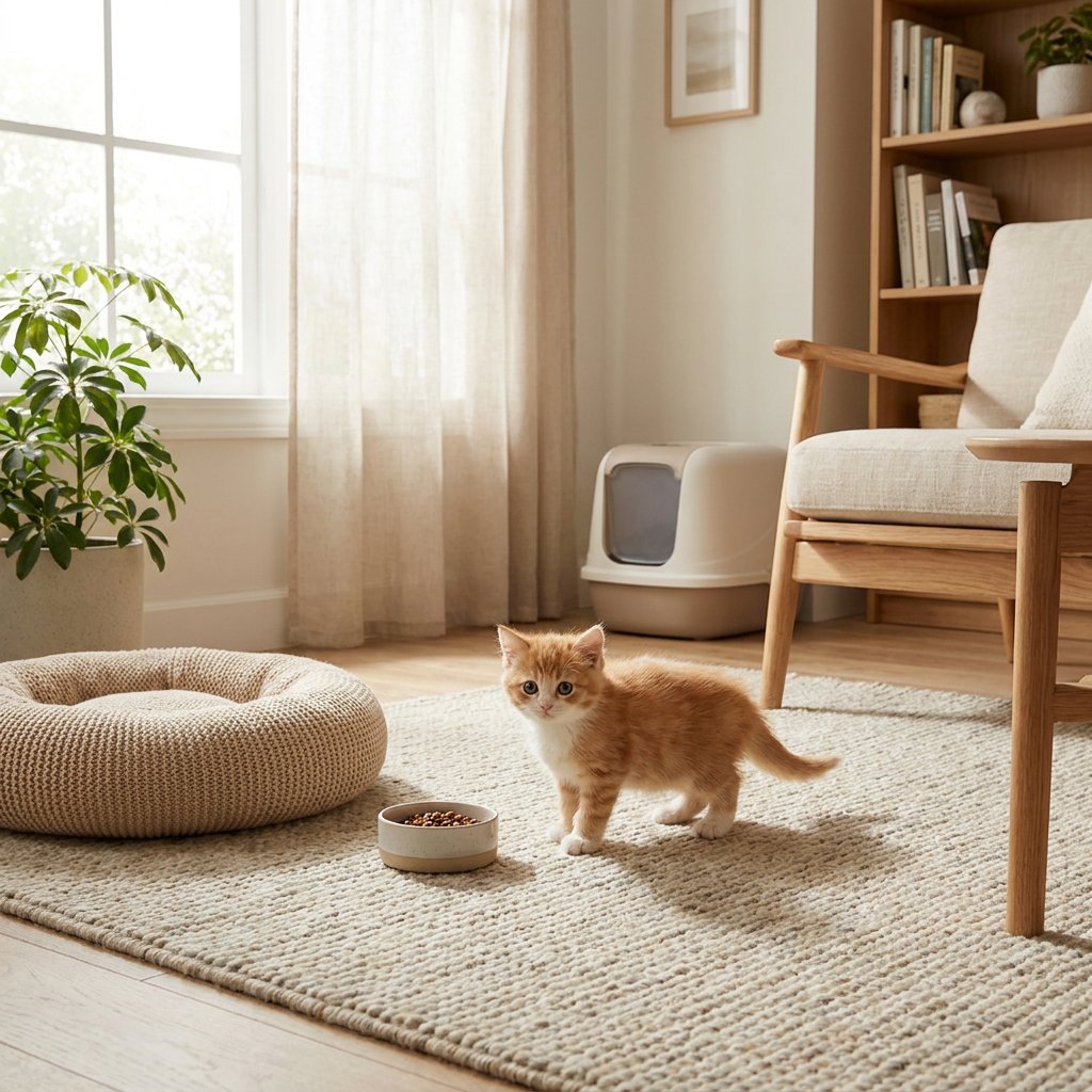 Klein kitten verkent voorzichtig een warme Nederlandse woonkamer naast een kattenmand, voerbakje en kattenbak, in zacht ochtendlicht.