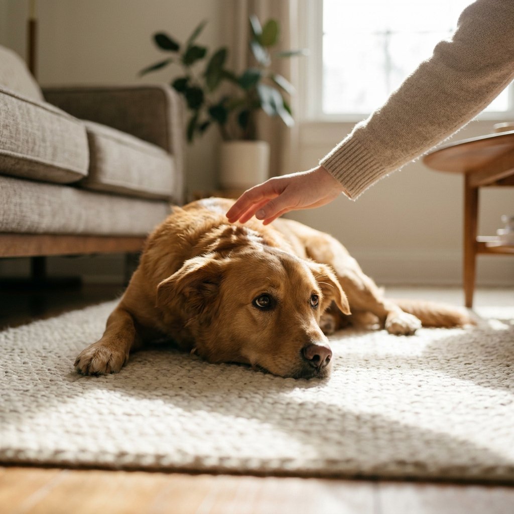 A medium-sized dog with golden-brown fur is lying on a cozy rug, appearing slightly restless with alert eyes, while a human hand gently rests near its head, offering comfort.