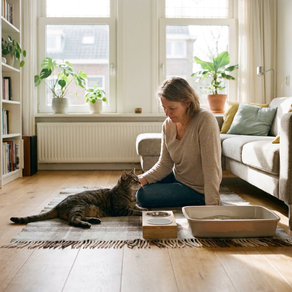 Oudere kat rust op een zachte plaid naast lage voerbakken en een toegankelijke kattenbak, terwijl een baasje thuis rustig de dagelijkse verzorging checkt.