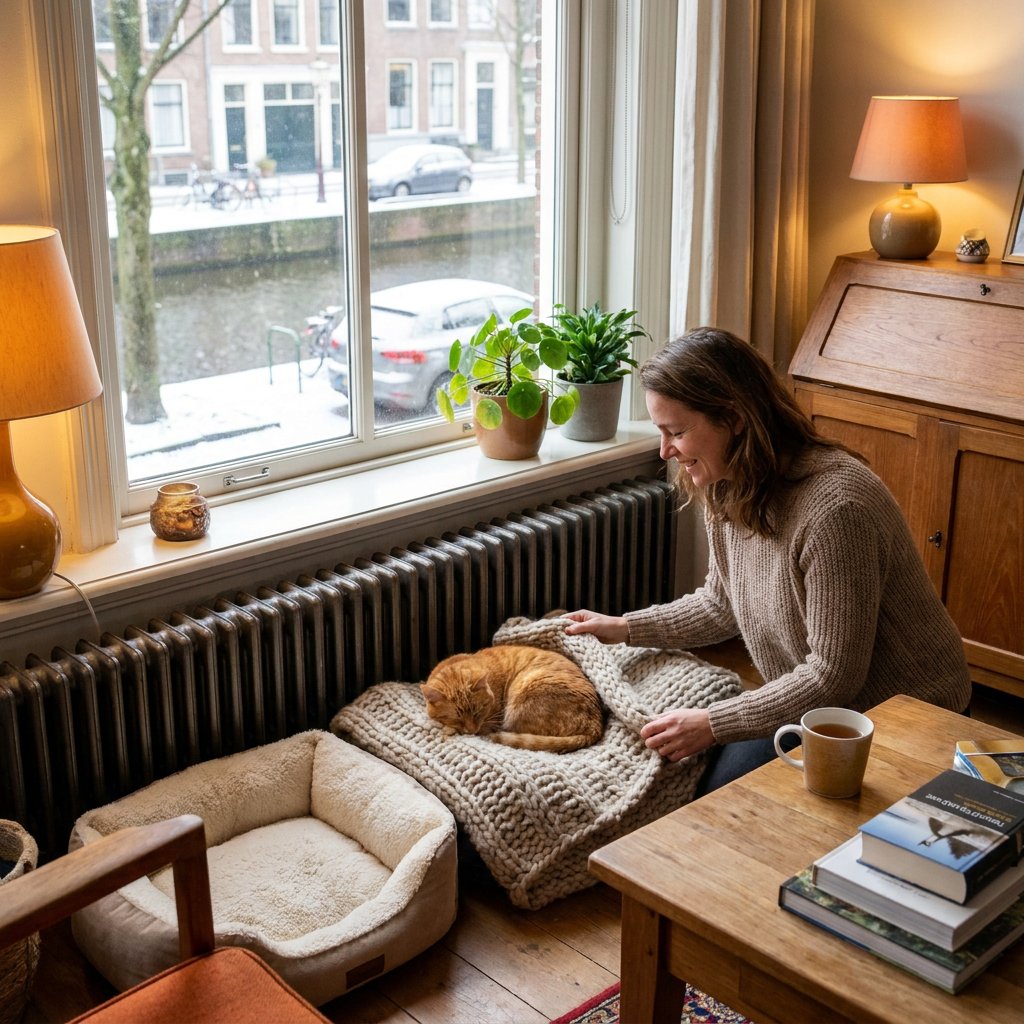 Kat ligt op een dikke plaid in een warme Nederlandse woonkamer bij zacht winterlicht, met een baasje dat een knusse slaapplek klaarmaakt.