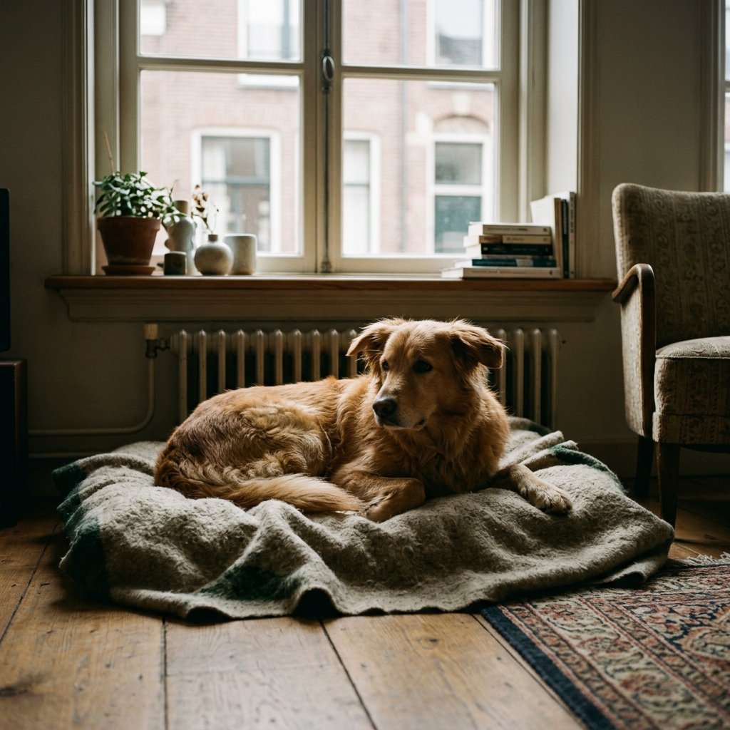 A medium-sized dog, a Golden Retriever mix, is curled on a soft blanket in a cozy living room, its ears slightly perked as it looks towards a window, showing mild alertness to distant sounds.