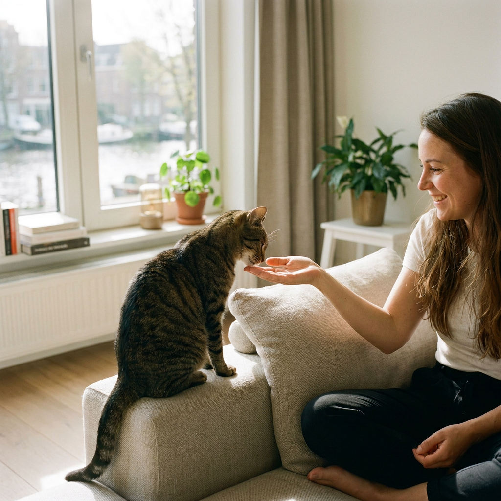 Een ontspannen huiskat ligt naast zijn baasje op een lichte bank terwijl de eigenaar rustig een hand aanbiedt, in een warme Nederlandse woonkamer.