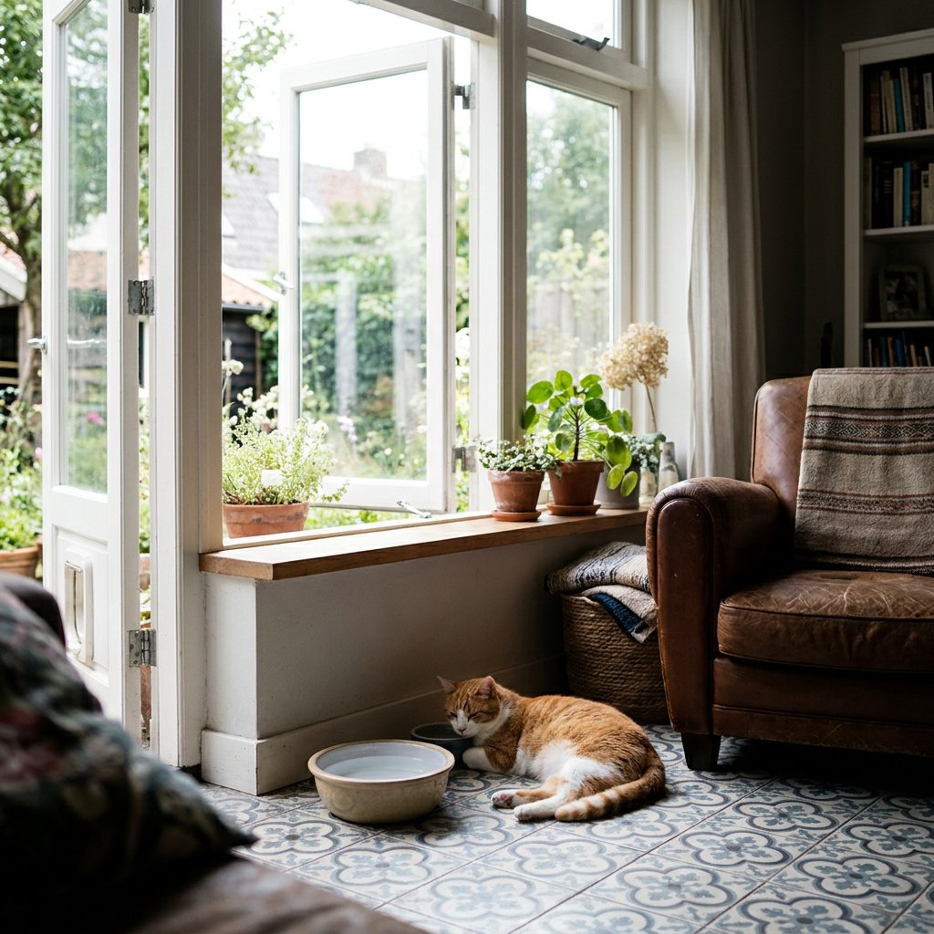 Een ontspannen huiskat ligt op een koele tegelvloer bij een waterschaal en open raam, met zacht zomerlicht in een rustige Nederlandse woonkamer.