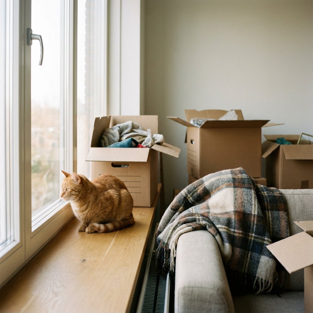 Een rustige huiskat zit alert op de vensterbank in een licht Nederlands appartement, terwijl verhuisdozen en een zachte deken een nieuw thuisgevoel geven.