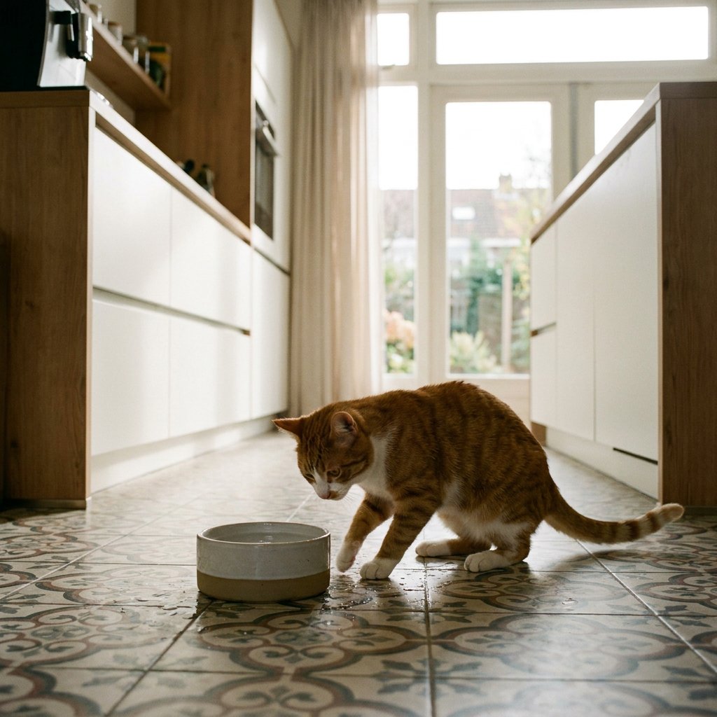 Huiskat tikt met zijn poot naast een waterbak op een lichte keukenvloer, terwijl daglicht de nieuwsgierige houding en natte spatjes benadrukt.
