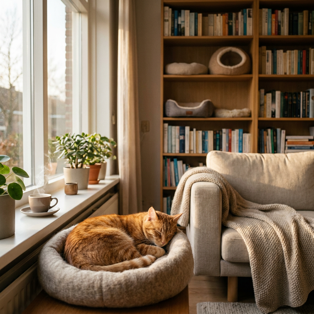 Huiskat slaapt op een zachte mand in een rustige hoek bij het raam, met warm ochtendlicht en een knus Nederlands interieur op de achtergrond.