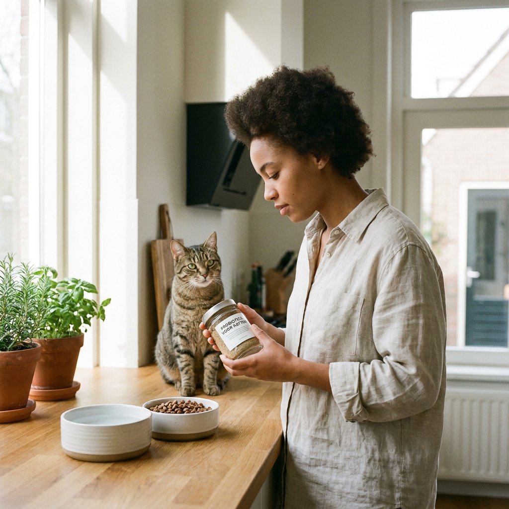 Katteneigenaar in een lichte Nederlandse keuken bekijkt een probioticapotje terwijl een rustige kat op het aanrecht zit naast voer en water.