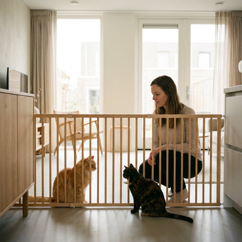 Twee huiskatten observeren elkaar voorzichtig vanuit aparte zones in een lichte Nederlandse woonkamer, terwijl een eigenaar rustig toezicht houdt.