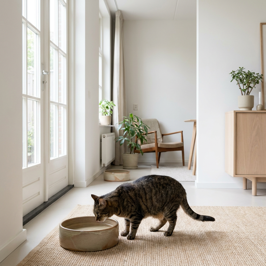 Nieuwsgierige huiskat drinkt uit een brede waterkom op een rustige plek in een lichte Nederlandse woonkamer, met extra bakjes subtiel op de achtergrond.