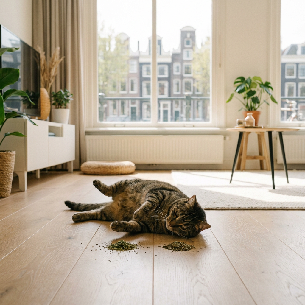 Nieuwsgierige huiskat snuffelt en rolt naast kleine hoopjes kattenkruid en silvervine op een lichte houten vloer in een warm Nederlands interieur.