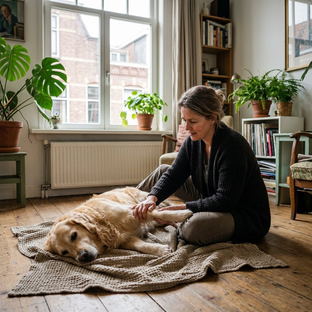 A golden retriever comfortably rests on a soft blanket, a caring owner gently massaging its leg, conveying warmth and support.