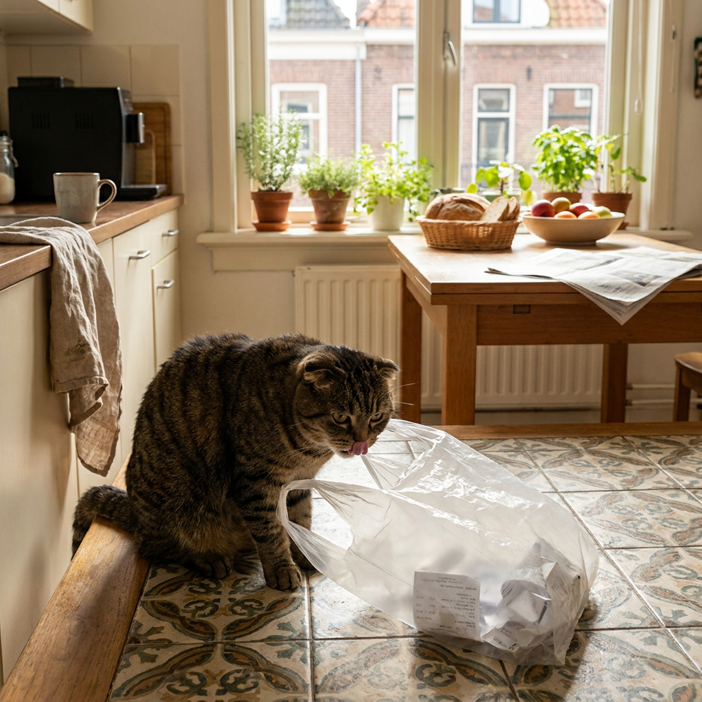 Nieuwsgierige huiskat likt aan een plastic boodschappentas op een lichte Nederlandse keukenvloer, met zachte ochtendzon en een alledaagse sfeer.