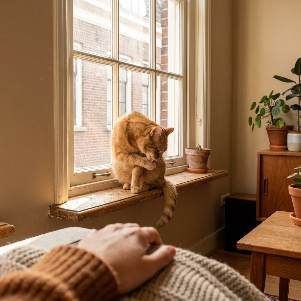Huiskat op een lichte vensterbank in een Nederlands interieur, net na het aaien bezig met zijn poot en vacht wassen in zacht daglicht.