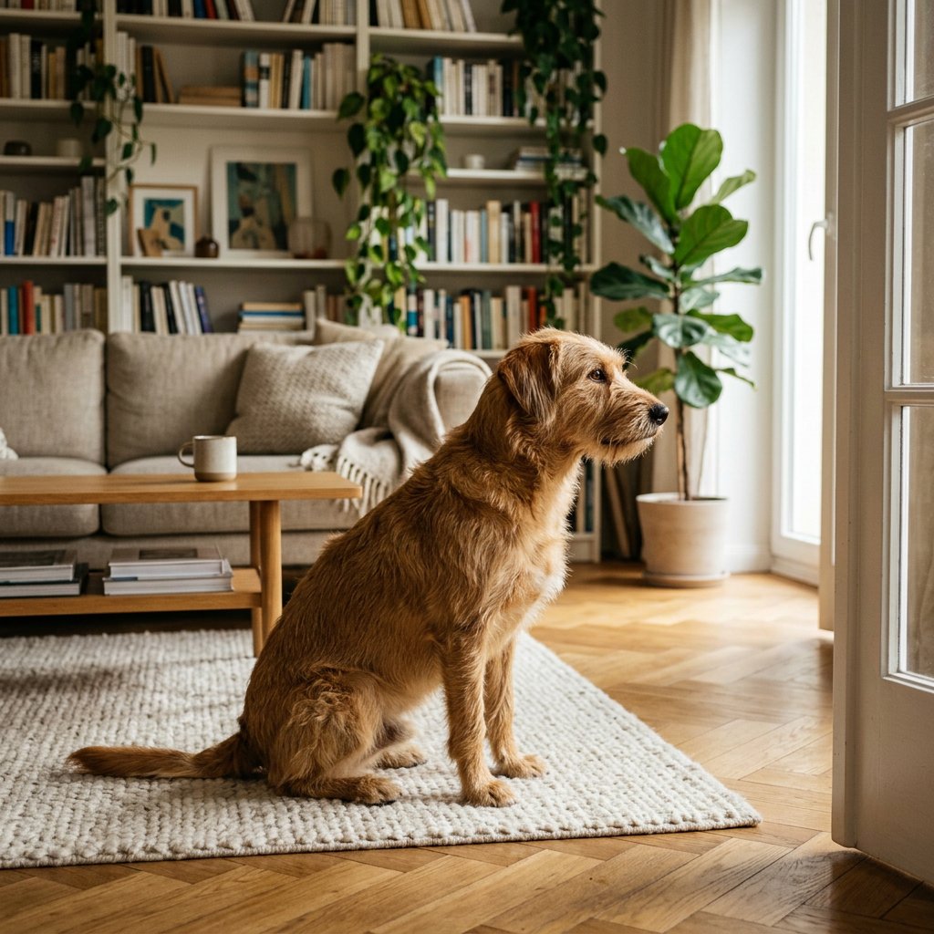 Een middelgrote hond, zoals een Golden Retriever-mix, zit rustig op een vloerkleed in een zonnige woonkamer en kijkt naar een lege deuropening, wat een moment van stille eenzaamheid weerspiegelt.