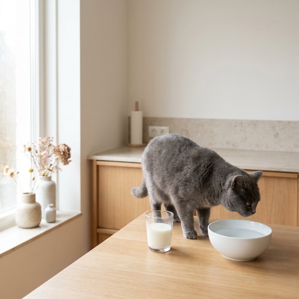 Grijze huiskat op een lichte Nederlandse keukenaanrecht naast een glas melk en een kom water, aandachtig snuffelend in zacht daglicht.
