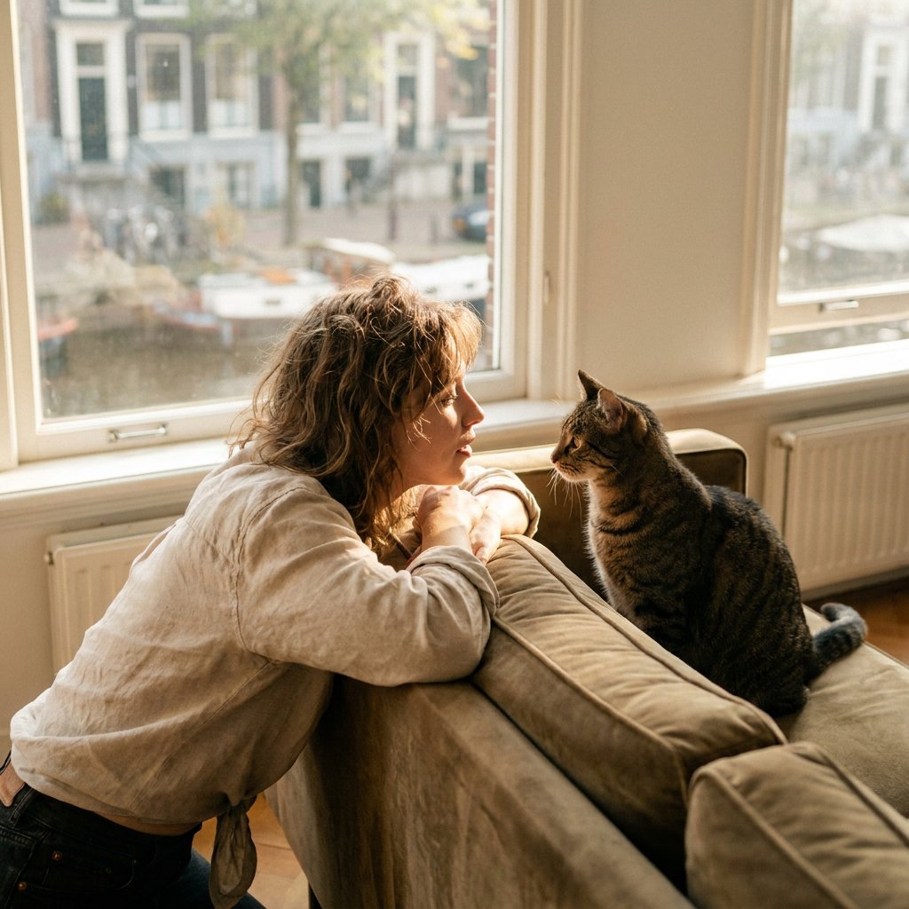 Een jonge vrouw zit op de bank en praat zachtjes tegen haar cyperskleurige kat, die omhoog kijkt. Zacht ochtendlicht door een raam, boeken op de achtergrond.