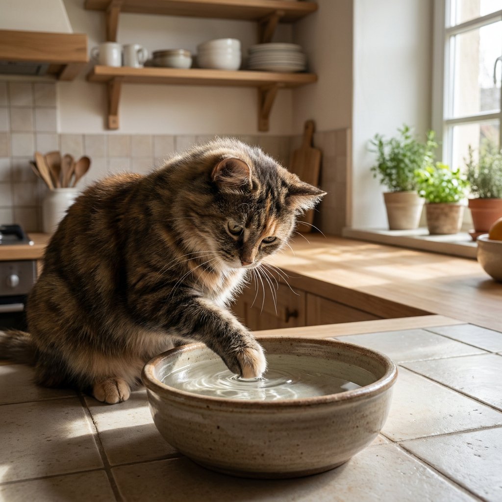 Huiskat tikt met haar poot in een waterbak op een lichte keukenvloer, net voordat ze drinkt, vastgelegd in zacht daglicht.