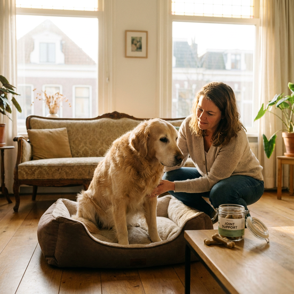 Oudere hond staat voorzichtig op van zijn mand terwijl baasje in een lichte Nederlandse woonkamer een supplement klaarhoudt.