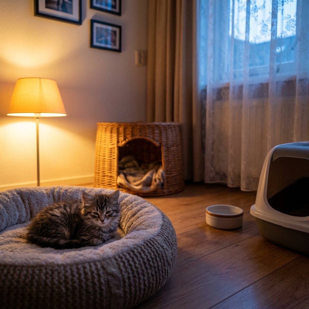 Klein kitten rust alert in een zachte mand in een rustige slaapkamer, met waterbakje en kattenbak op afstand, warm nachtlicht en huiselijke sfeer.