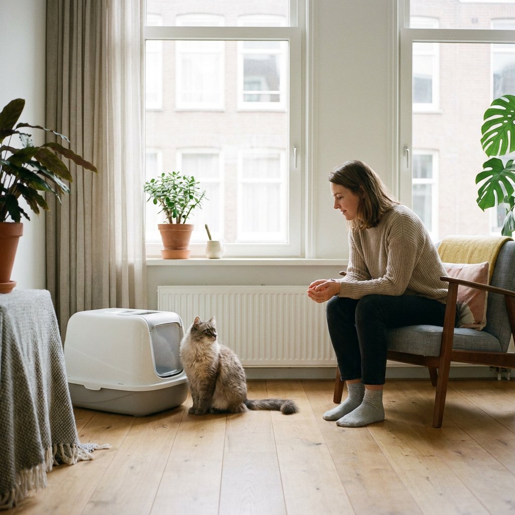 Een ontspannen huiskat naast een schone kattenbak in een lichte Nederlandse woonkamer, terwijl de eigenaar aandachtig de stoelgang controleert.