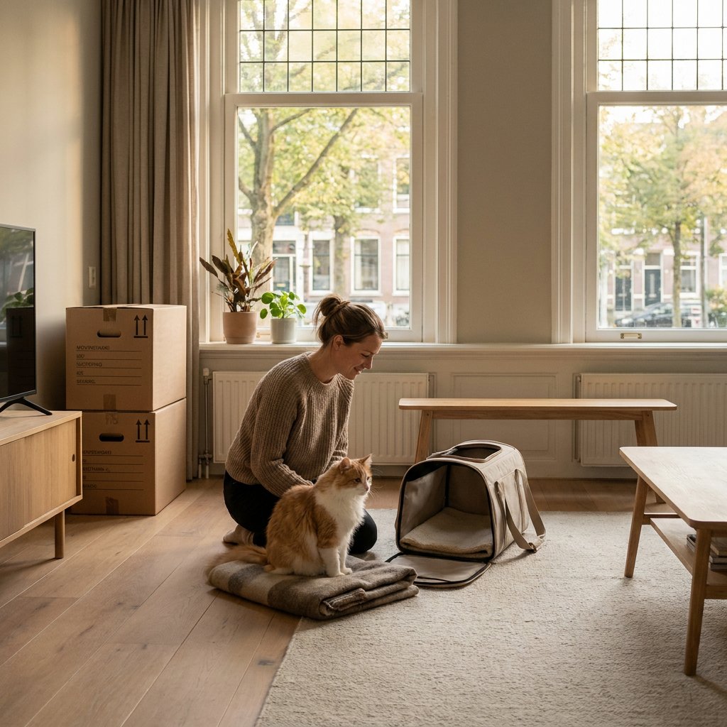Kat zit alert bij een open reismand in een rustige nieuwe woonkamer met verhuisdozen, zacht daglicht en een kalme, huiselijke sfeer.
