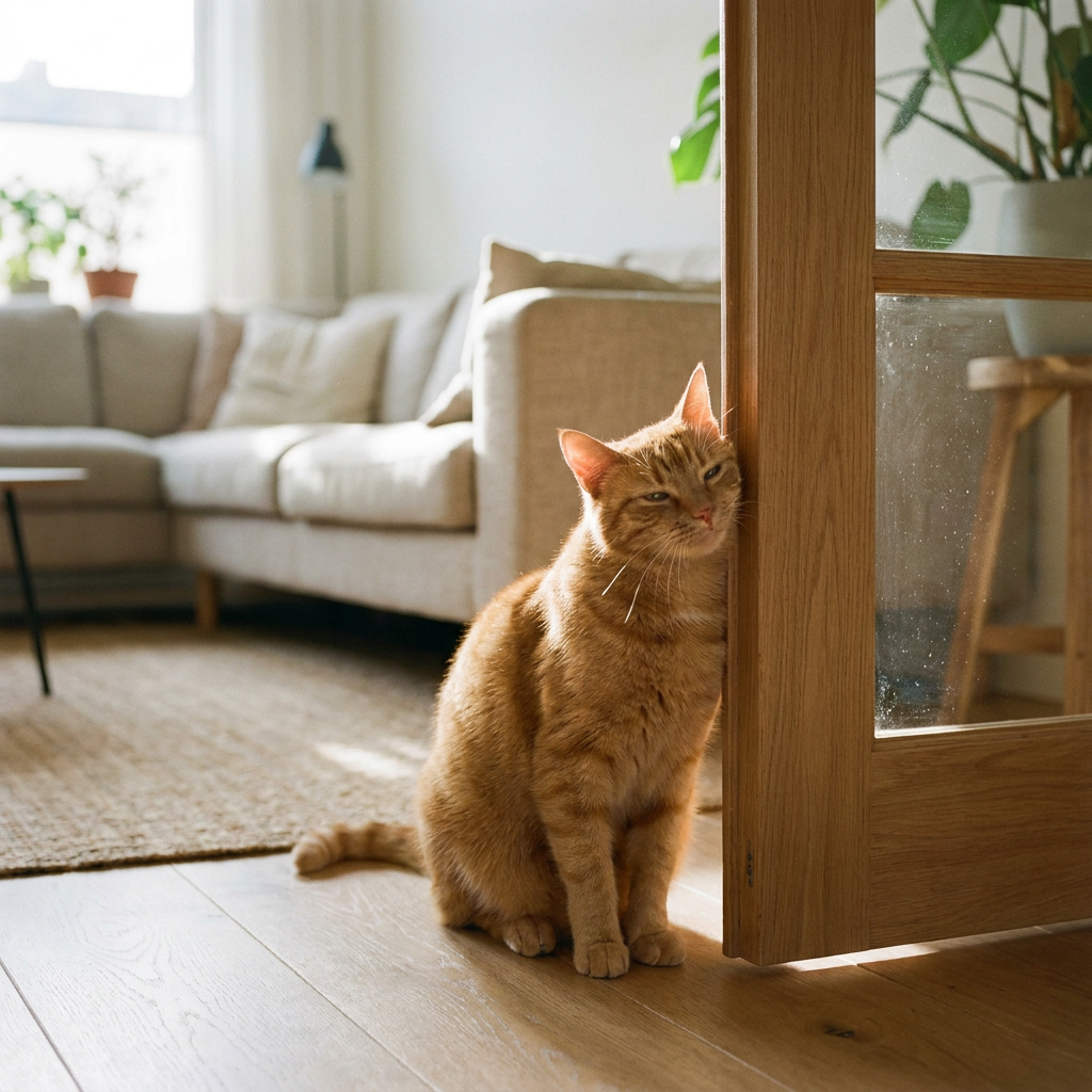 Huiskat wrijft met kop en flank langs een houten deurpost in een lichte Nederlandse woonkamer, terwijl zachte ochtendzon een rustige huiselijke sfeer geeft.