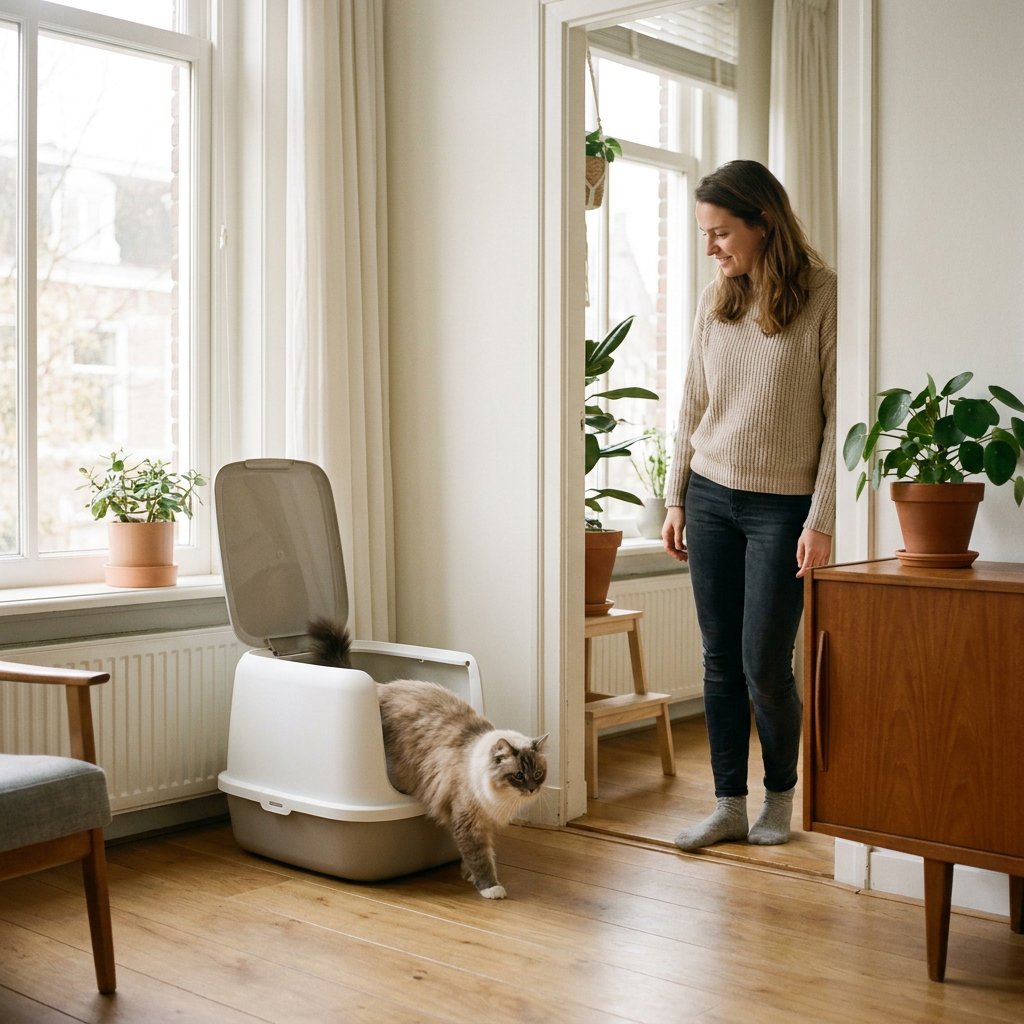 Een ontspannen huiskat stapt uit een schone kattenbak in een lichte Nederlandse woonkamer, met een oplettende eigenaar op de achtergrond.