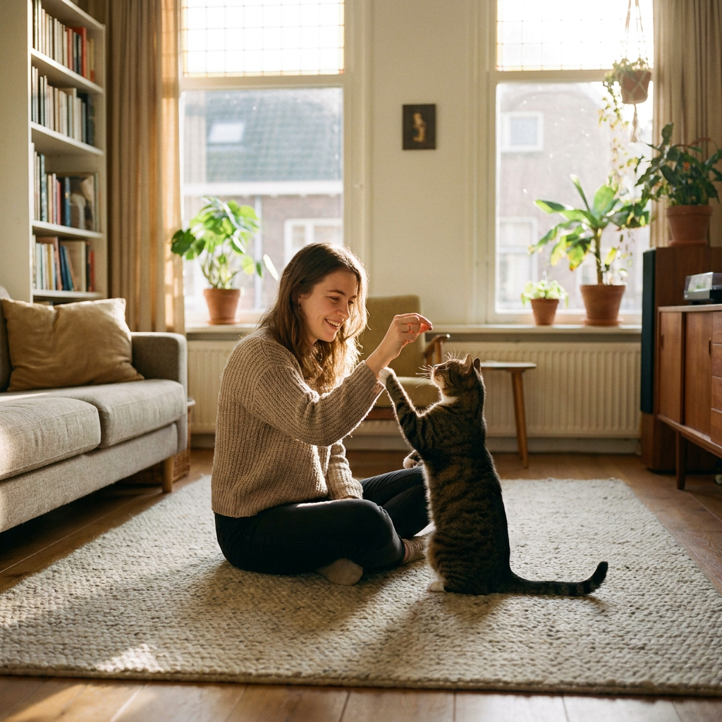 Een jonge vrouw traint haar kat met een kleine beloning in een lichte woonkamer, terwijl de kat aandachtig een pootje geeft op een kleed.