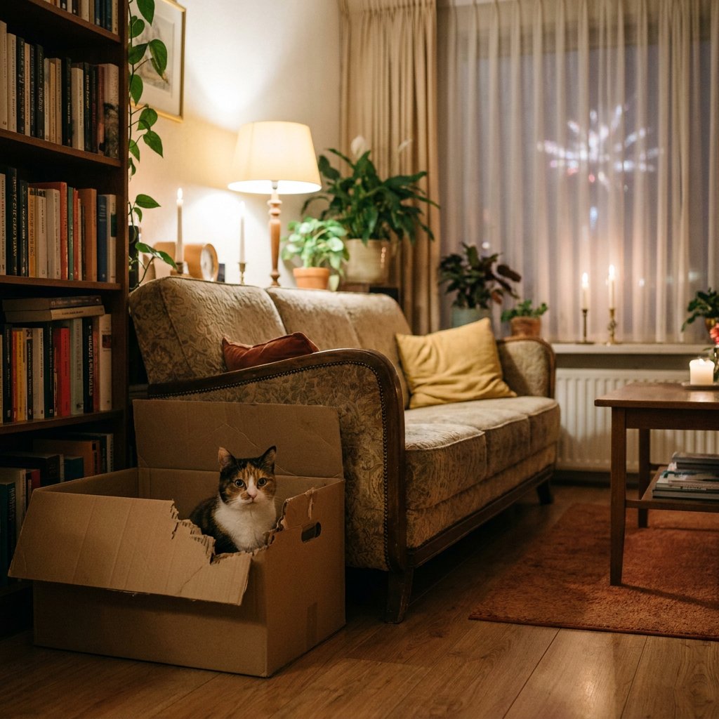 Gespannen huiskat verschuilt zich in een rustige Nederlandse woonkamer bij gedimde avondverlichting, met gordijnen dicht en een veilige schuilplek.