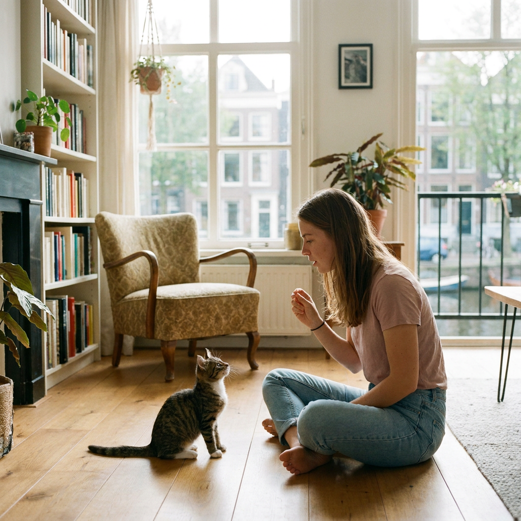 Jonge vrouw zit in een lichte Nederlandse woonkamer en oefent rustig met haar kitten, dat opkijkt bij het horen van zijn naam.