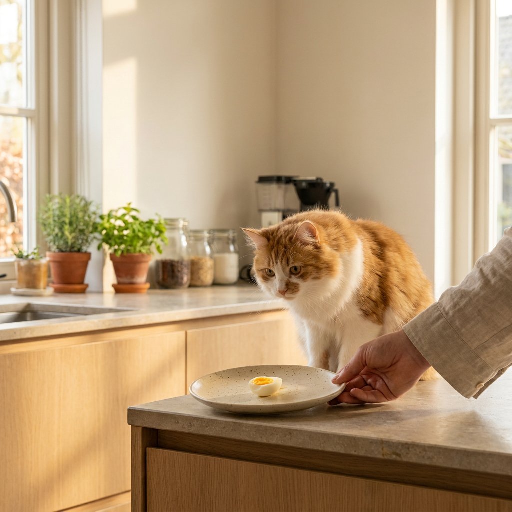 Nieuwsgierige huiskat op een lichte Nederlandse keukenaanrecht kijkt naar een klein stukje gekookt ei op een bord, warm ochtendlicht.