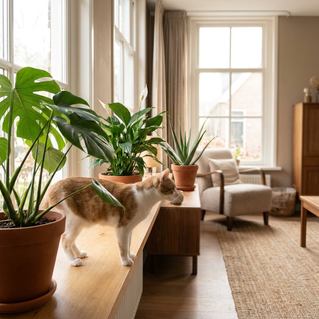 Nieuwsgierige huiskat snuffelt bij giftige kamerplanten op een vensterbank in een licht Nederlands interieur, met focus op een waarschuwend thuismoment.