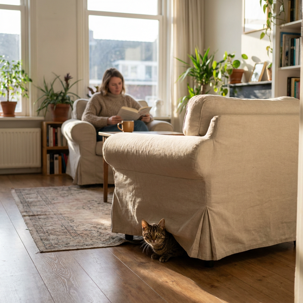 Schuwe geadopteerde kat zit half onder een fauteuil in een rustige Nederlandse woonkamer terwijl een eigenaar geduldig op afstand wacht.