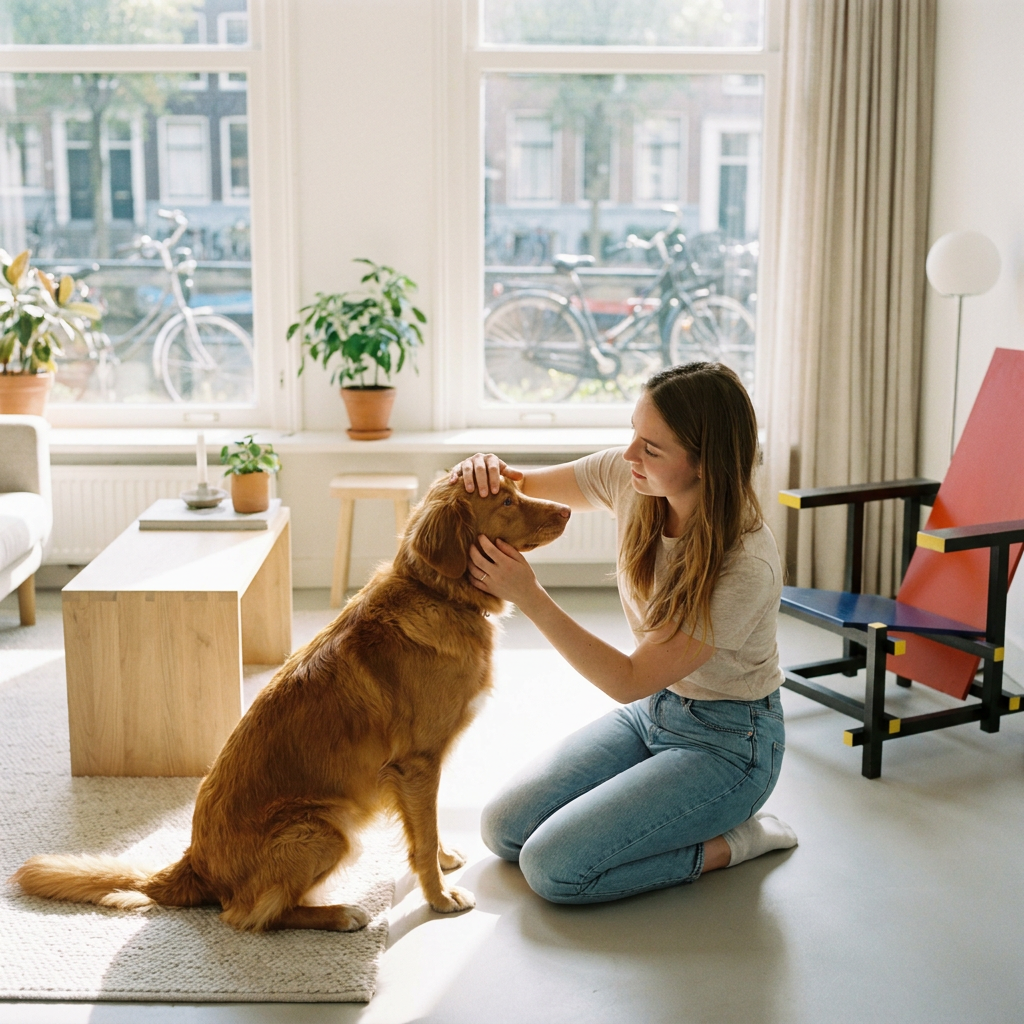 Hondeneigenaar controleert thuis rustig de vacht en ogen van een ontspannen middelgrote hond in een lichte Nederlandse woonkamer.