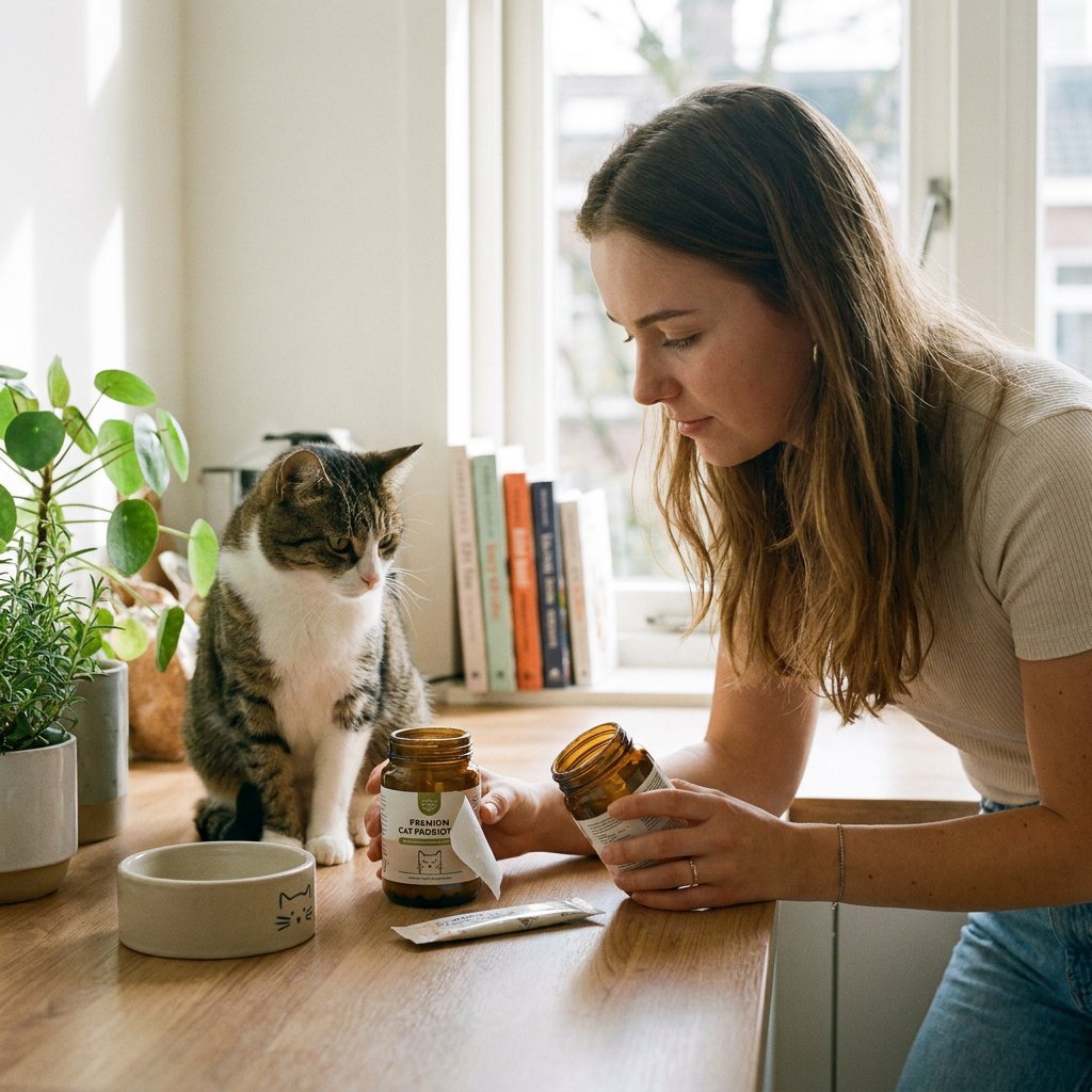 Katteneigenaar in een lichte Nederlandse keuken vergelijkt supplementpotjes terwijl een ontspannen huiskat op het aanrecht meekijkt.