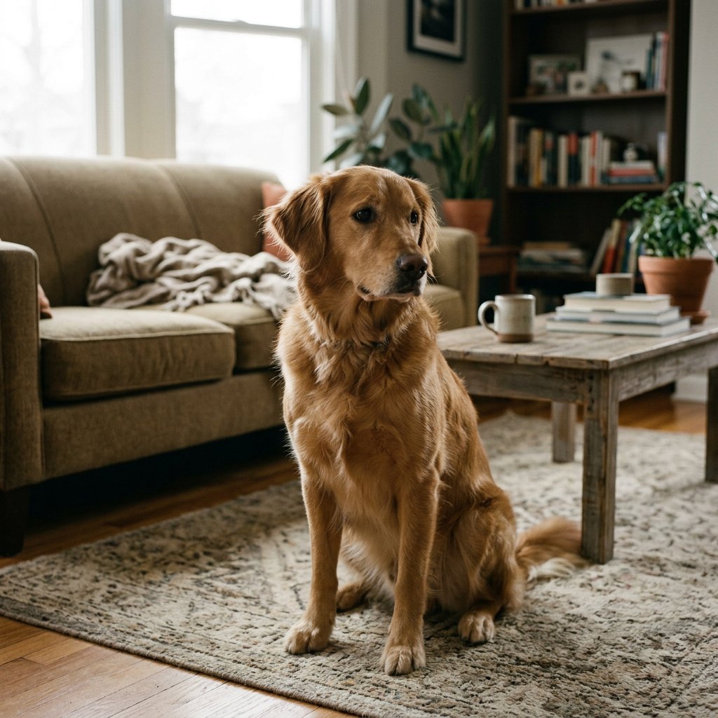 A golden retriever sits in a warm living room, subtly looking away with slightly lowered ears, hinting at early signs of stress.