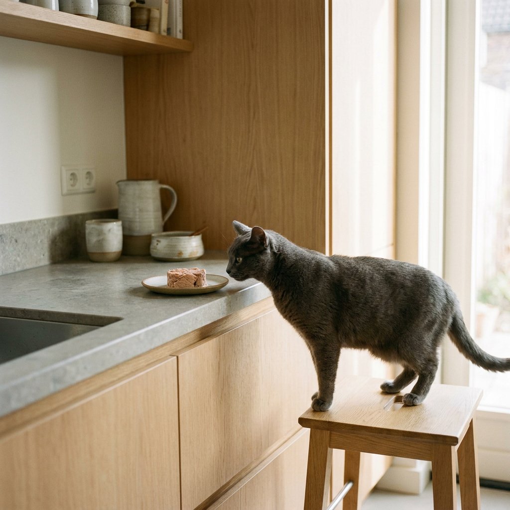 Grijze huiskat snuffelt nieuwsgierig naar een klein bordje met tonijn uit blik op een licht keukenblad in een warme, nette Nederlandse keuken.
