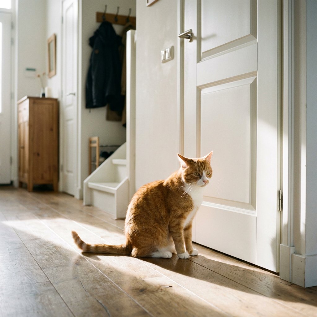 Nieuwsgierige huiskat zit voor een gesloten binnendeur in een lichte Nederlandse woning, met gespannen houding en zachte ochtendzon op de vloer.