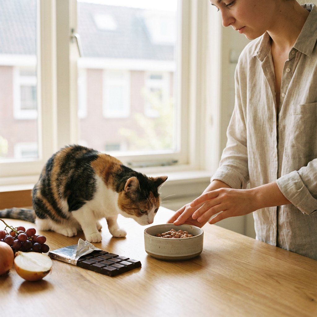Nieuwsgierige huiskat op een lichte keukentafel naast chocolade, druiven en ui, terwijl een eigenaar beschermend een bord met kattenvoer neerzet.