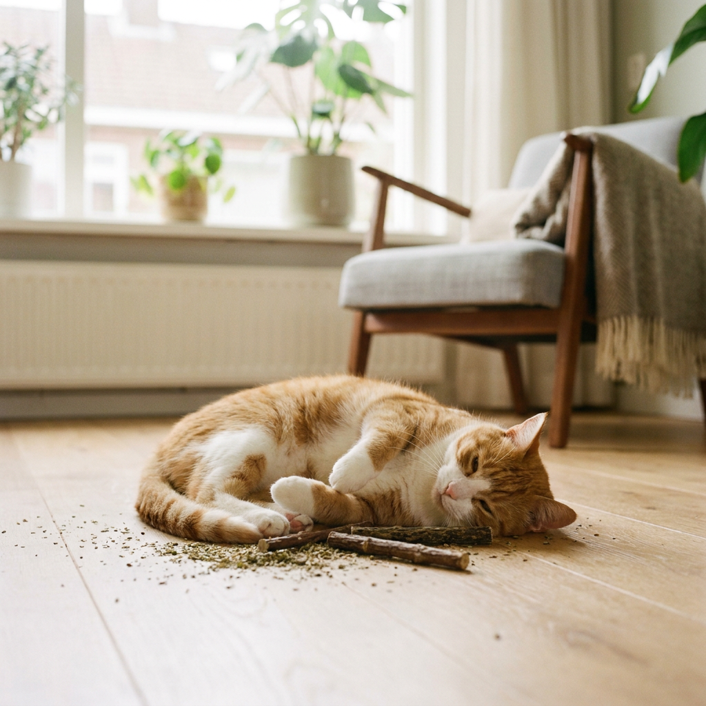 Nieuwsgierige huiskat snuffelt en rolt naast kattenkruid en matatabi op een lichte houten vloer in een warm, stijlvol Europees interieur.