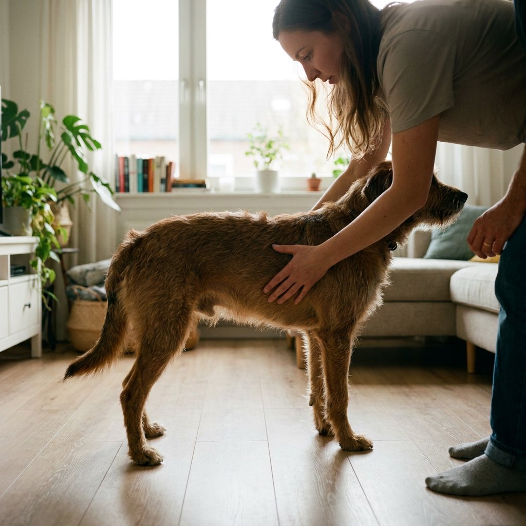 Eigenaar palpeert met vlakke hand de ribben van een middelgrote hond die zijwaarts staat, met duidelijke taille, in een lichte woonkamer met zacht daglicht.