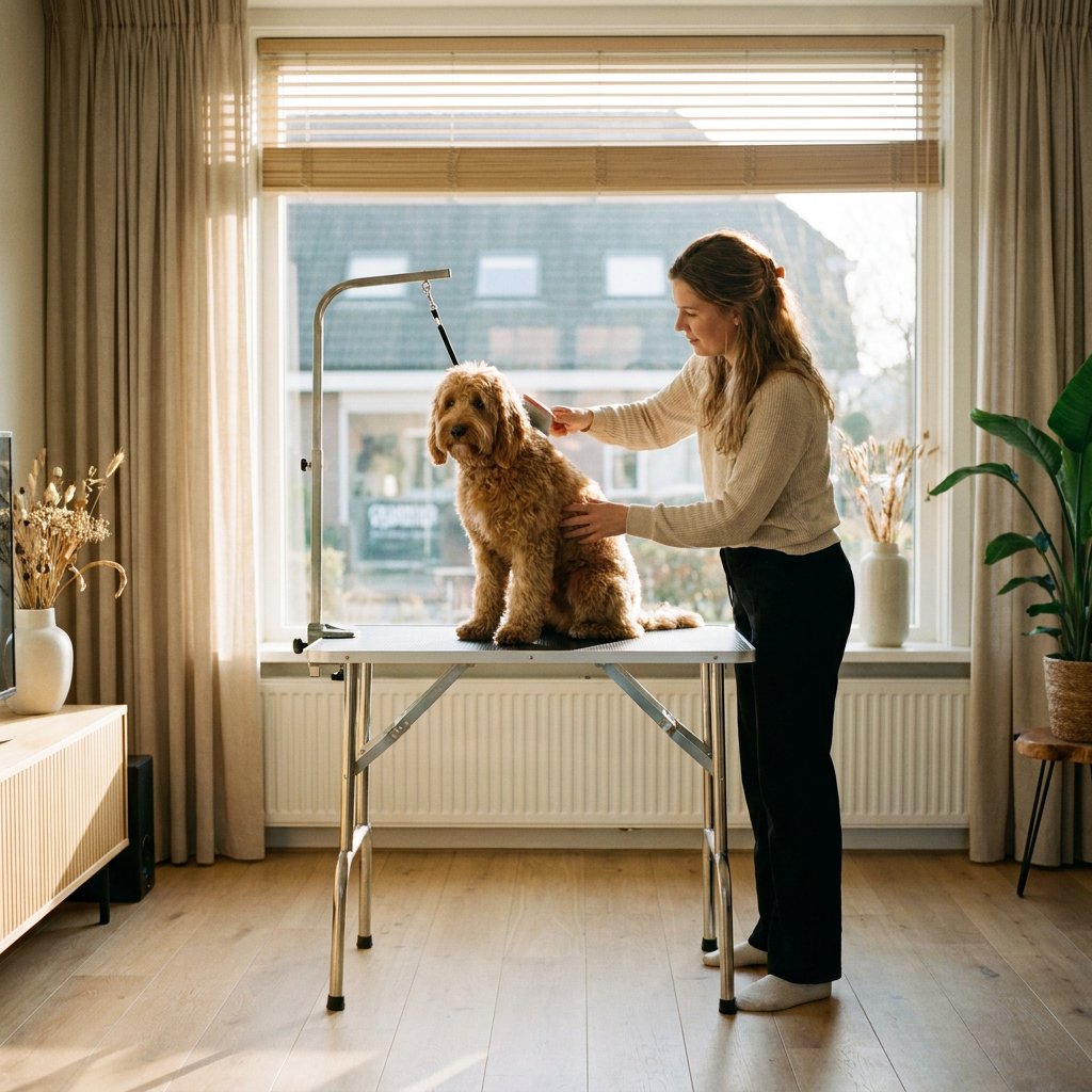 Baasje borstelt een middelgrote doodle op een draagbare trimtafel in een lichte woonkamer, met door het raam onscherp een trimsalon aan een bakstenen straat.